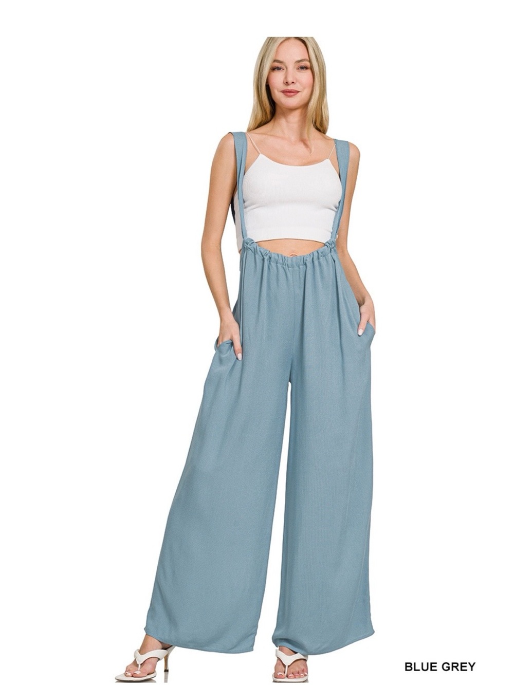 Zenana Blue-Grey Wide Leg Suspender Jumpsuit Pants